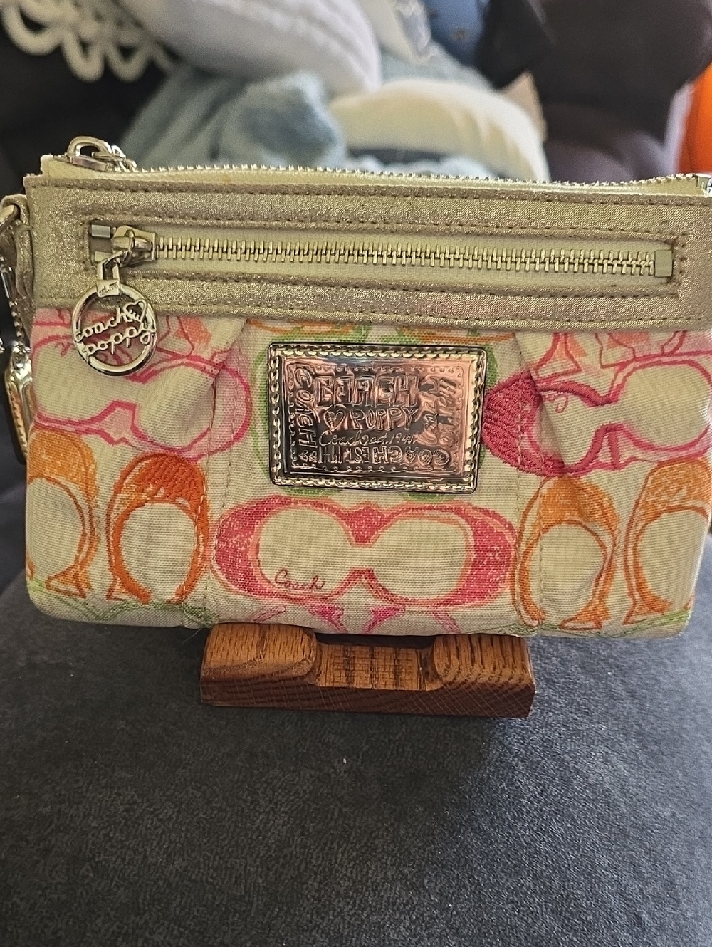 Coach Poppy Signature Canvas Wristlet with Pink, Orange & Gold Accents, EUC